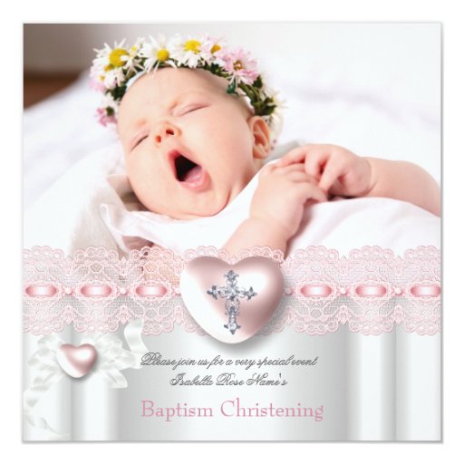 Baptism Pink Silver Photo Heart Cross Girl Personalized Invite