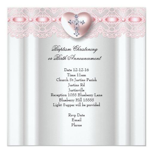 Baptism Pink Silver Photo Heart Cross Girl Personalized Invite