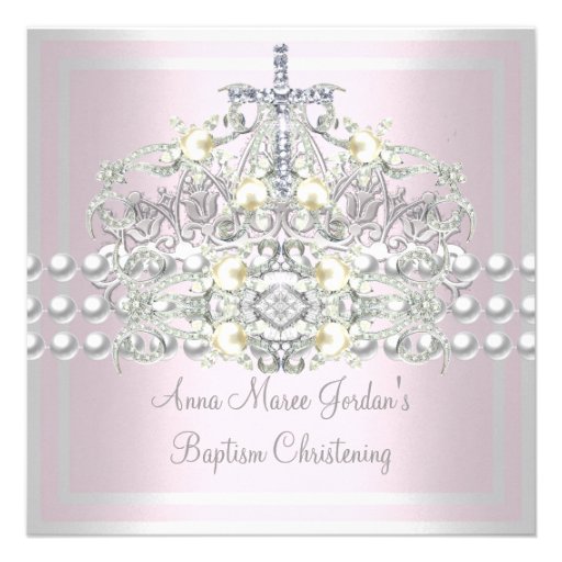 Baptism Pink Tiara Silver White Pearl Diamond Invites (front side)