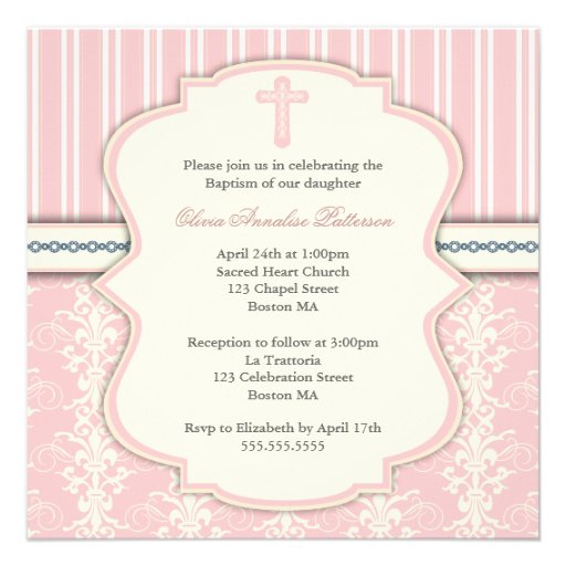 Baptism Pink Vintage Damask Photo Invitation