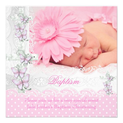 Baptism Pink White Lace Photo Butterfly Cross Girl Invitation