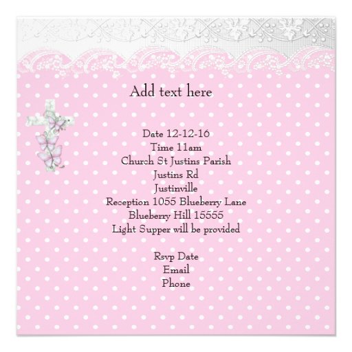 Baptism Pink White Lace Photo Butterfly Cross Girl Invitation