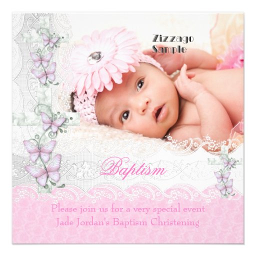 Baptism Pink White Lace Photo Butterfly Cross Girl Custom Invite