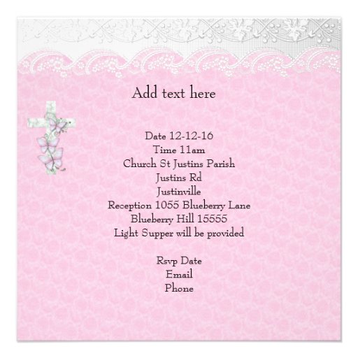 Baptism Pink White Lace Photo Butterfly Cross Girl Custom Invite