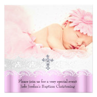 Baptism Pink White Lace Photo Jewel Cross Girl Personalized Invitation
