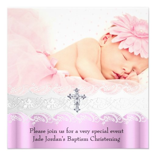 Baptism Pink White Lace Photo Jewel Cross Girl Personalized Invitation