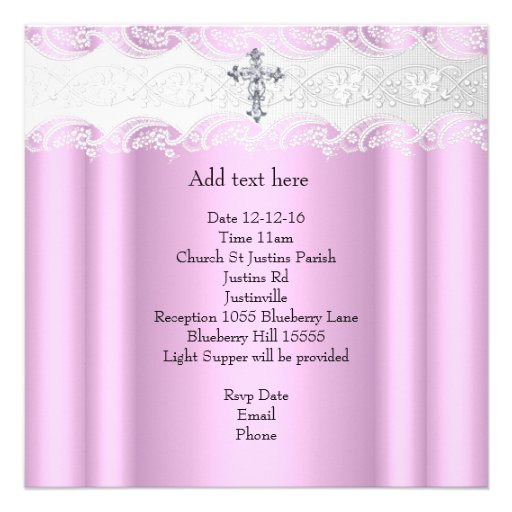 Baptism Pink White Lace Photo Jewel Cross Girl Personalized Invitation