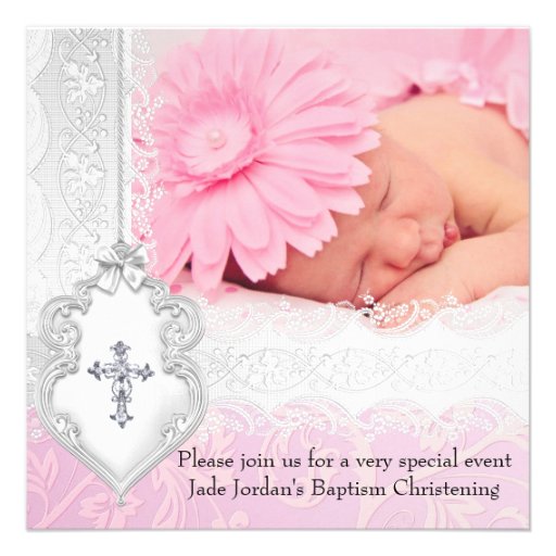 Baptism Pink White Lace Photo Jewel Cross Girl Custom Announcement (front side)