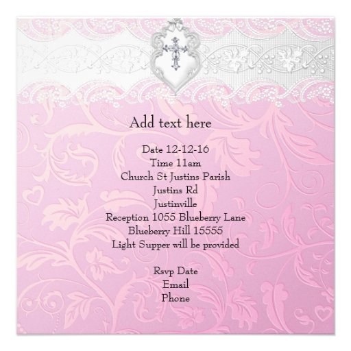Baptism Pink White Lace Photo Jewel Cross Girl Custom Announcement