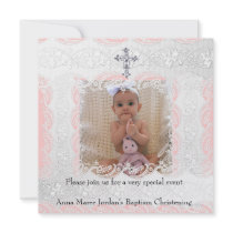 Baptism Pink White Lace Photo Jewel Cross Invite