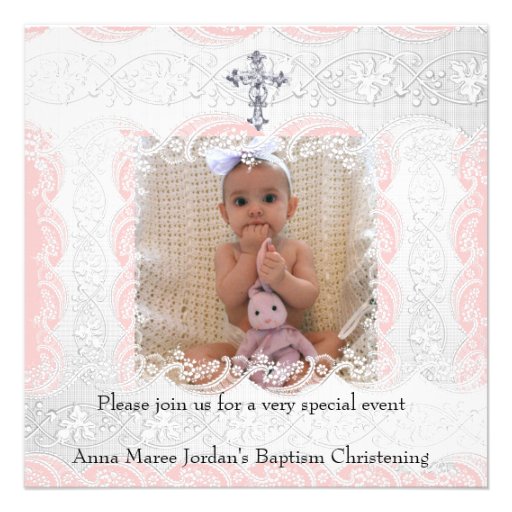 Baptism Pink White Lace Photo Jewel Cross Invite