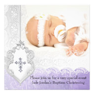 Baptism Purple White Lace Photo Jewel Cross Girl Personalized Invitation