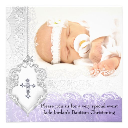 Baptism Purple White Lace Photo Jewel Cross Girl Personalized Invitation