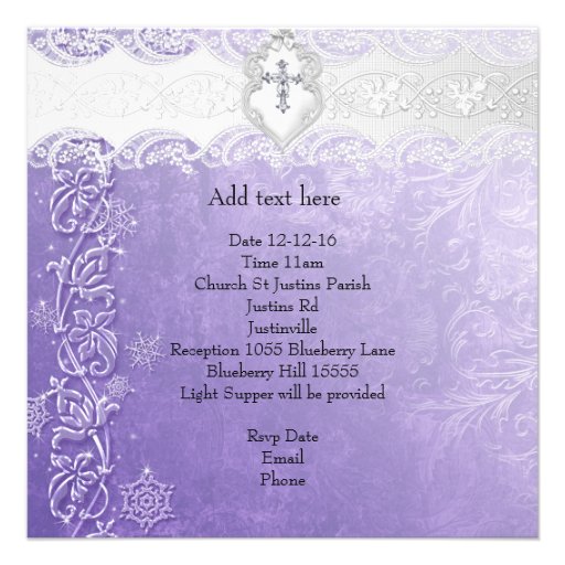 Baptism Purple White Lace Photo Jewel Cross Girl Personalized Invitation