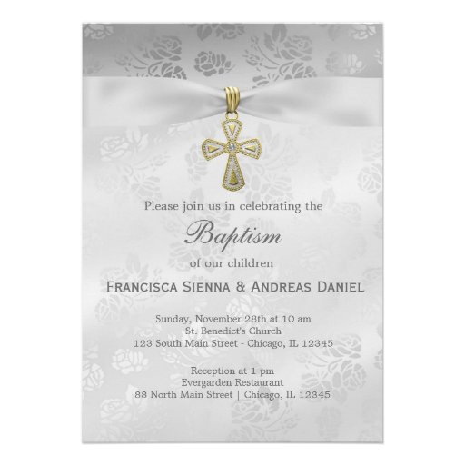 Baptism Silver Roses Invitations (front side)