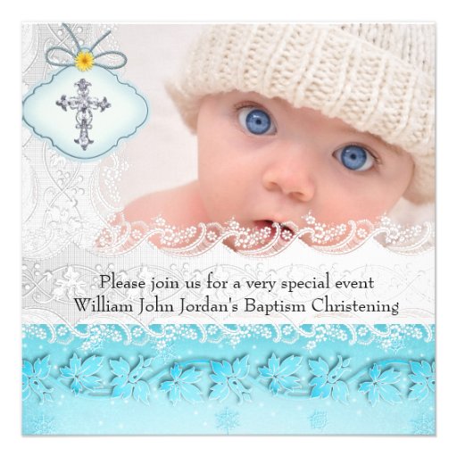 Baptism Teal Blue White Lace Photo Jewel Cross Boy Personalized Invitation
