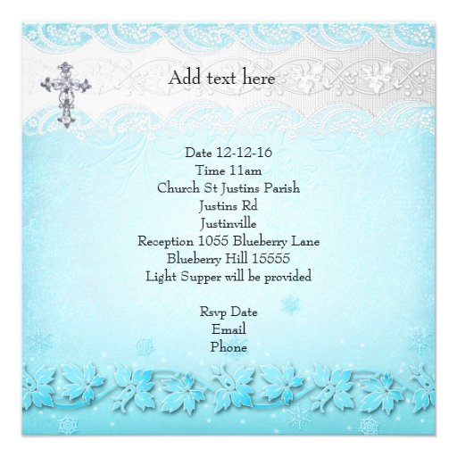 Baptism Teal Blue White Lace Photo Jewel Cross Boy Personalized Invitation