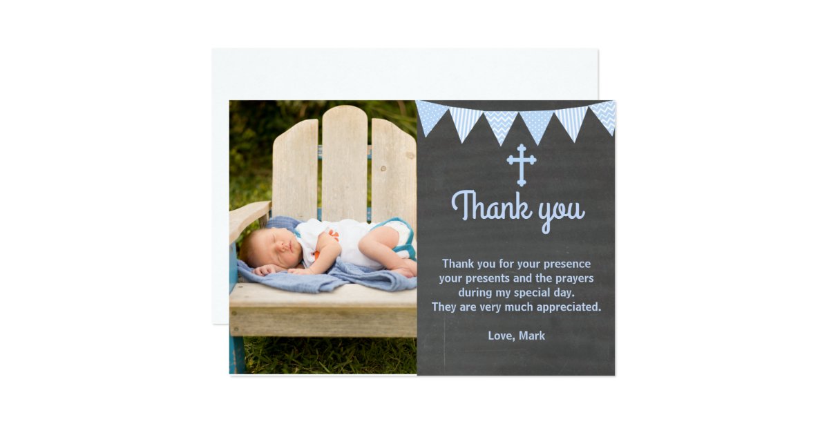 Baptism Thank You Note Photo Card Blue Chalkboard Zazzle