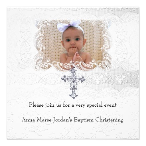 Baptism White Lace Photo Jewel Cross Custom Announcements (front side)