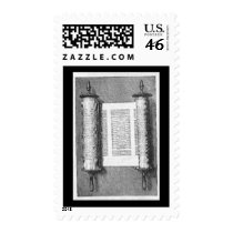 Bar Bat Mitzvah Torah Woodcut Black Postage Stamp
