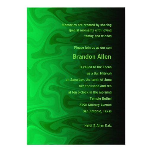 Bar Mitzvah Black and Green Waves Invitations (front side)