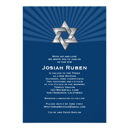 Bar Mitzvah Invitation Josiah Silver Jewish Star (front side)