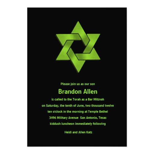 Bar Mitzvah Lime Green on Black, Star of David Personalized Announcement (front side)