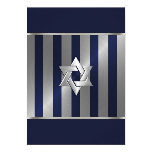Bar Mitzvah Navy and Silver Stripe Star of David Custom Invites (front side)