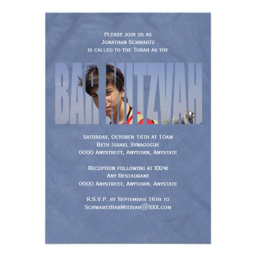 Bar Mitzvah Photo Invitation in Blue Crinkled