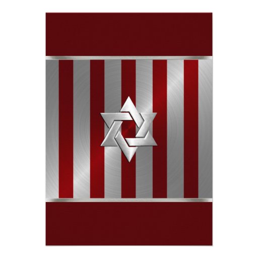 Bar Mitzvah Red and Silver Stripe Star of David Custom Invite