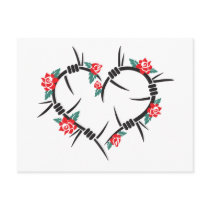 barbed wire heart & roses post card