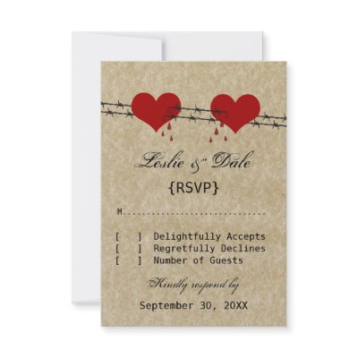 Barbed Wire Hearts Tattoo Biker Wedding RSVP Card Announcements by 