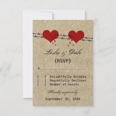 Barbed Wire Hearts Tattoo Biker Wedding RSVP Card Announcements by