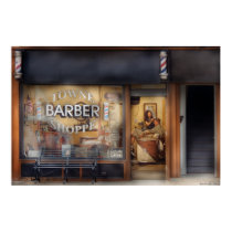 Barber - Getting a hair cut posters by suburbanscenes Barber - Getting a hair cut posters