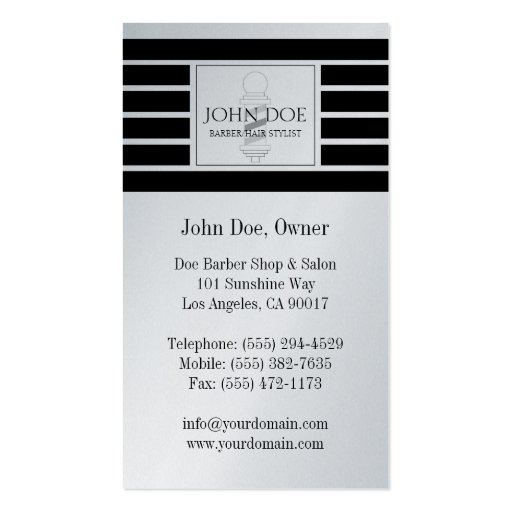 Barber/Hair Stylist Black Stripes Platinum Paper Business Card (back side)