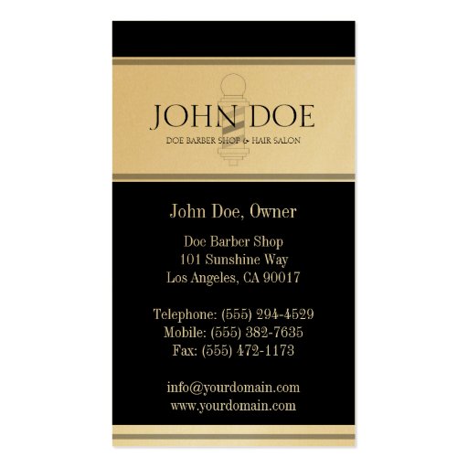 Barber Pole Hair Stylist Black Borders Gold Paper Business Card Template (back side)