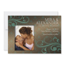 Barbizon Damask Scroll - brown|teal Wedding Personalized Invitation
