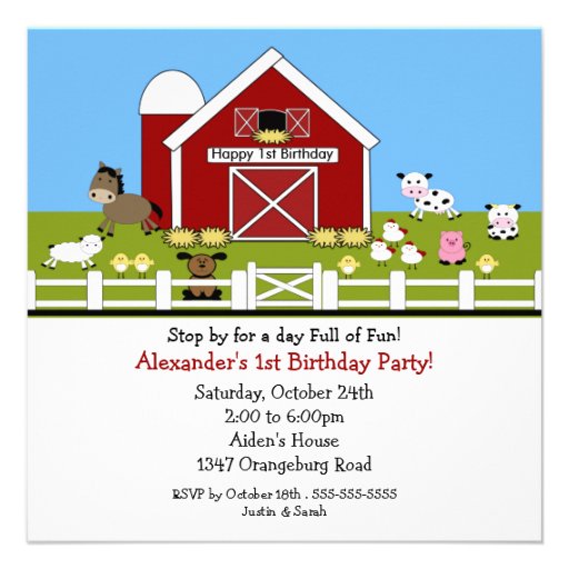 Barn Animals Fun 1st Birthday Custom Announcements