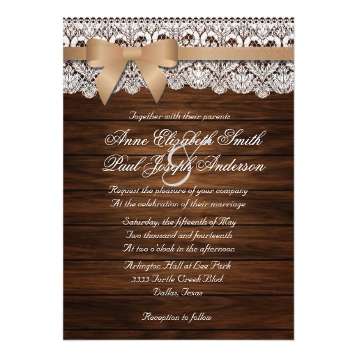 Barn Wood and Lace beige bow Wedding Invitations Custom Announcements