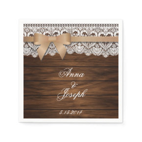 Barn Wood beige bow and Lace Napkins Standard Cocktail Napkin