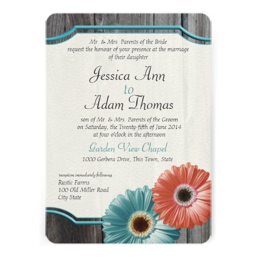 Barn Wood Daisy Coral and Aqua Custom Invitations