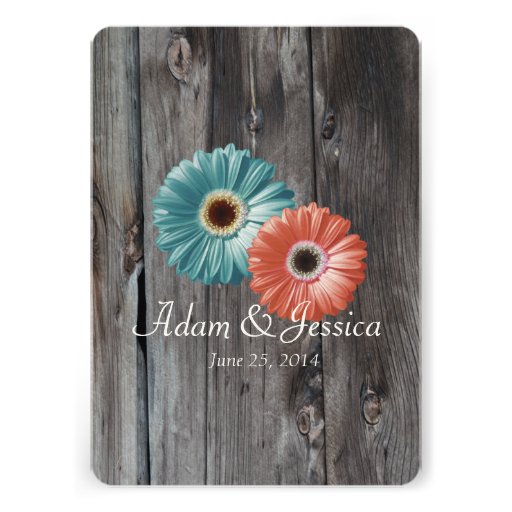 Barn Wood Daisy Coral and Aqua Custom Invitations