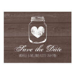 Barn wood grain mason jar save the date cards postcard