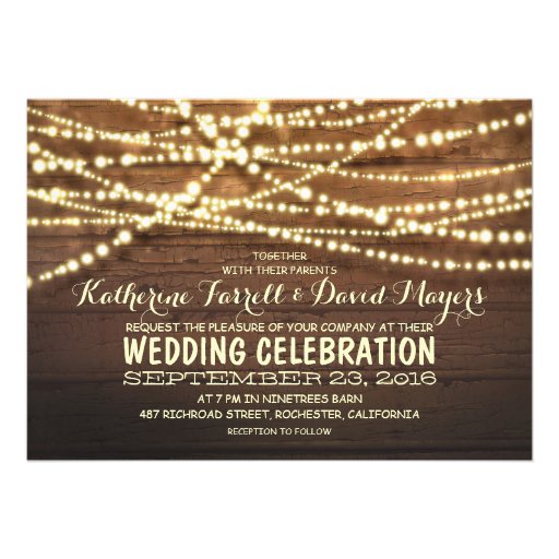 Barn wood string lights rustic wedding invitations