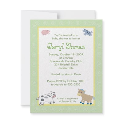 Barn Yard Farm Animals Green Swirl Baby Shower personalized invites