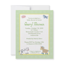 Barn Yard Farm Animals Green Swirl Baby Shower Personalized Invites