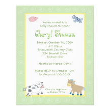 Barn Yard Farm Animals Green Swirl Baby Shower Personalized Invites