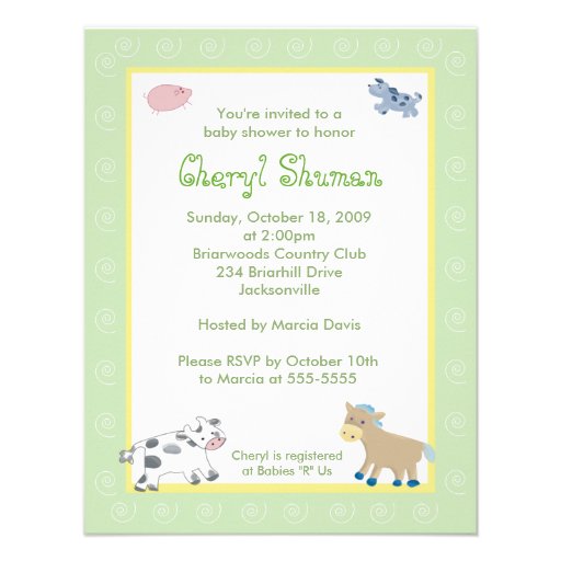 Barn Yard Farm Animals Green Swirl Baby Shower Personalized Invites