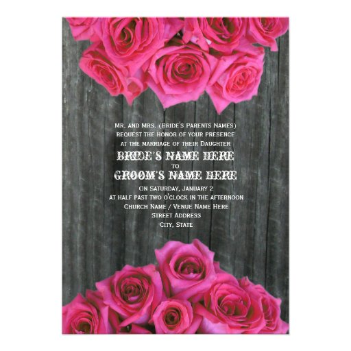 Barnwood and Hot Pink Roses Wedding Invitation