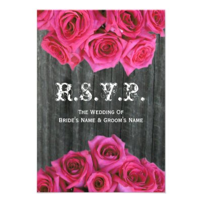 Barnwood and Hot Pink Roses Wedding Small RSVP Custom Announcements